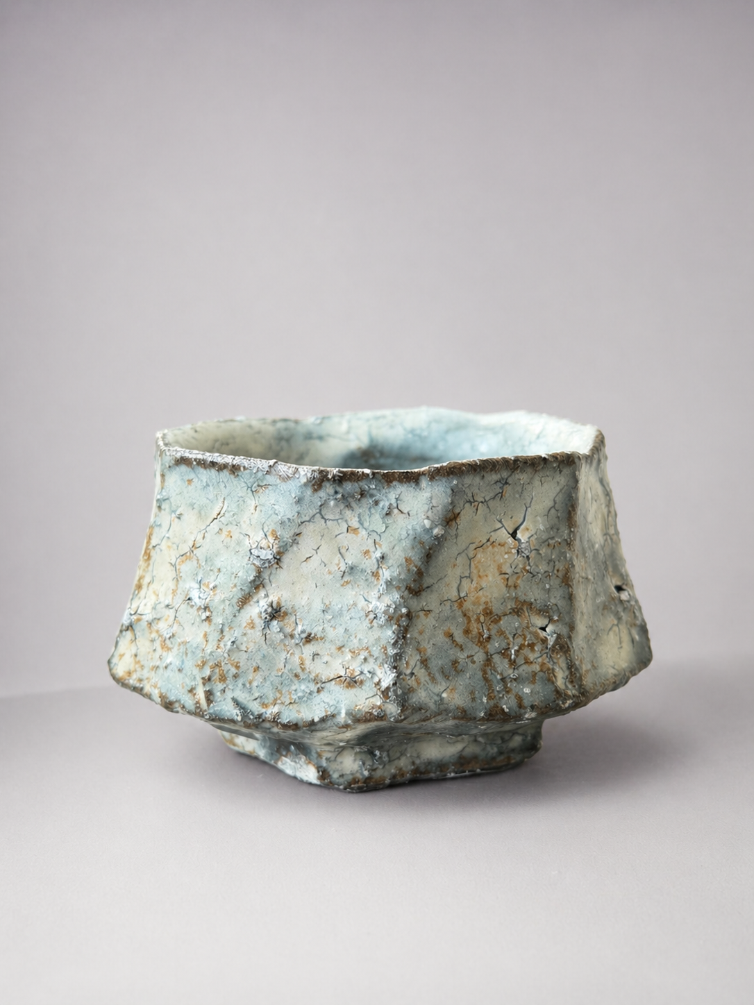 Yuki faceted chawan in blue mist glaze